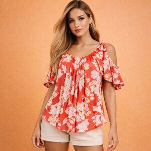 FREE PEOPLE RED FLORAL COLD SHOULDER BOHO TOP SIZE L